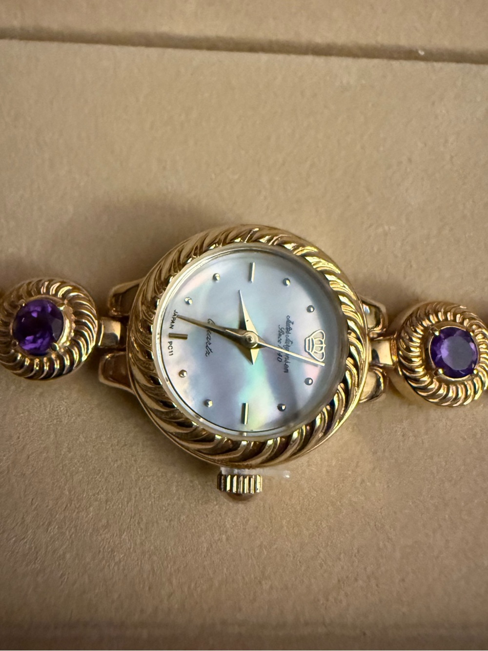 Vintage Jules Jurgensen Bracelet Watch w/ Mother-of-Pearl Dial and Purple Stones